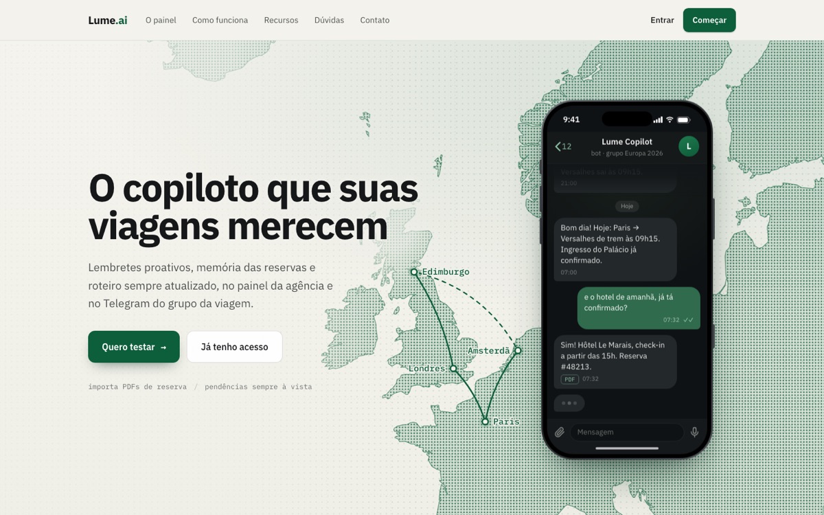 Página inicial do Lume: conversa do copiloto no Telegram sobre um roteiro pela Europa